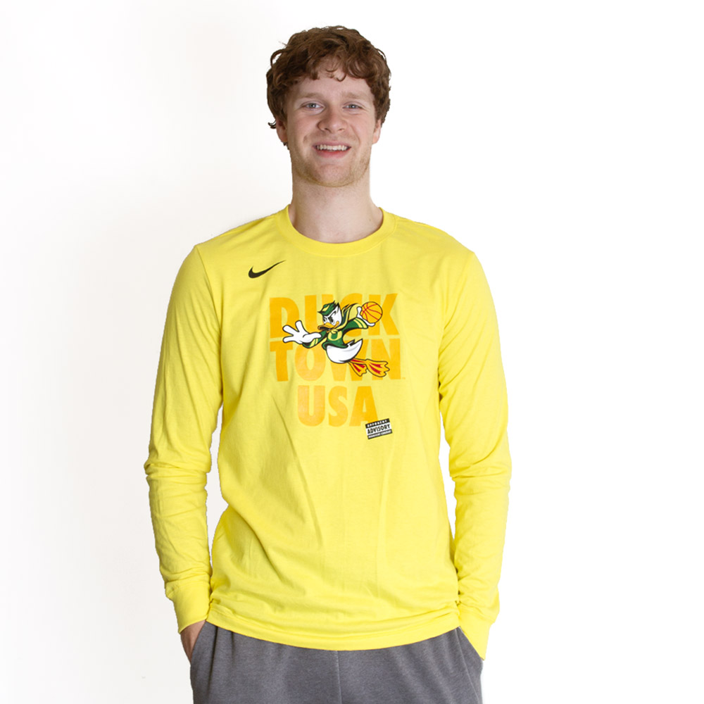 Ducks Spirit, Nike, Yellow, Long Sleeve, Men, Basketball, Mascot Dunking, Duck Town USA, T-Shirt, 786447